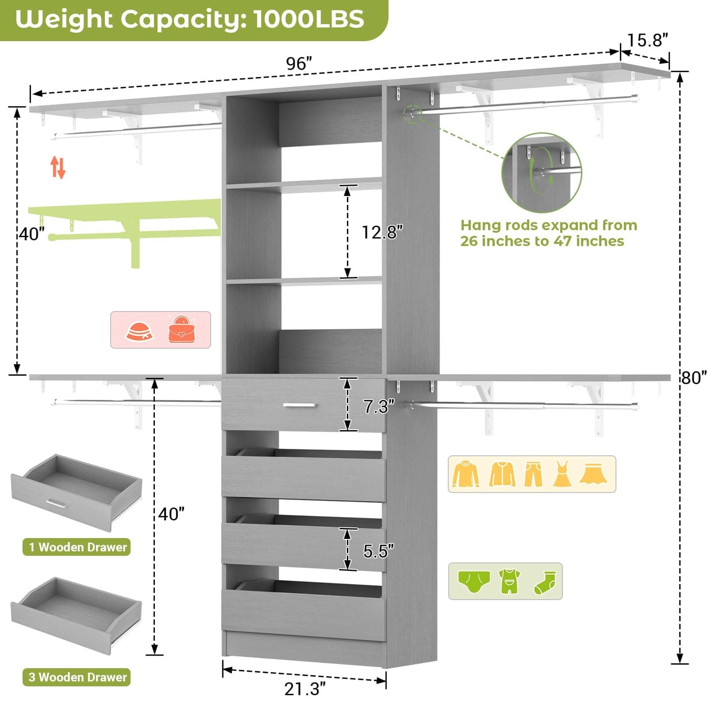 Closet System, 8FT Closet Organizer with 4 Wooden Drawers, Wood Closet Organizer System with Tower, Walk-in Closet Organizer Wardrobe