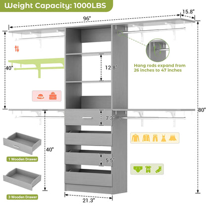 Closet System, 8FT Closet Organizer with 4 Wooden Drawers, Wood Closet Organizer System with Tower, Walk-in Closet Organizer Wardrobe