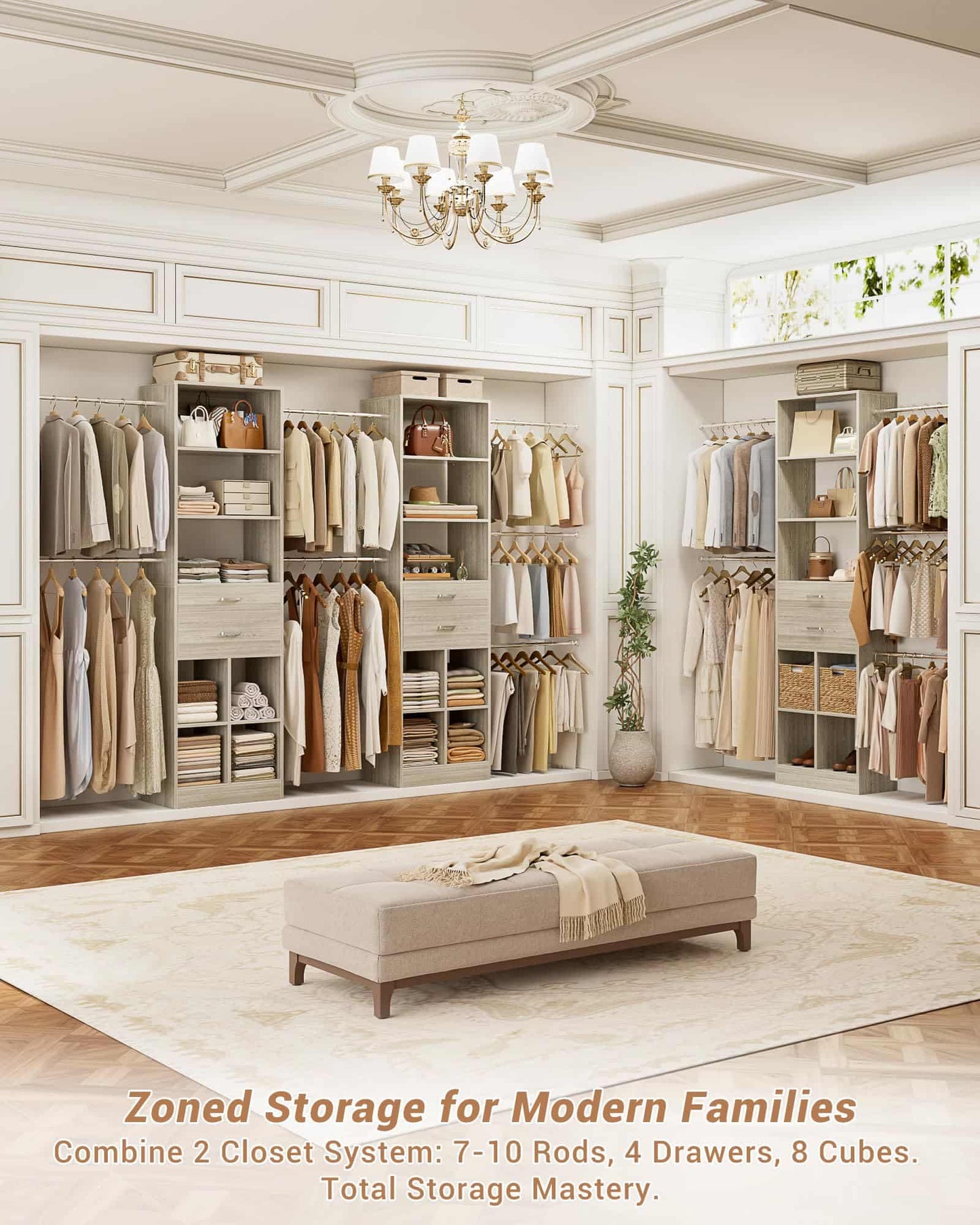 Adjustable Small Closet System, 3.2-6.8FT Expandable Closet Organizer with 2 Wooden Drawers & 5 Heavy-Duty Hanging Rods