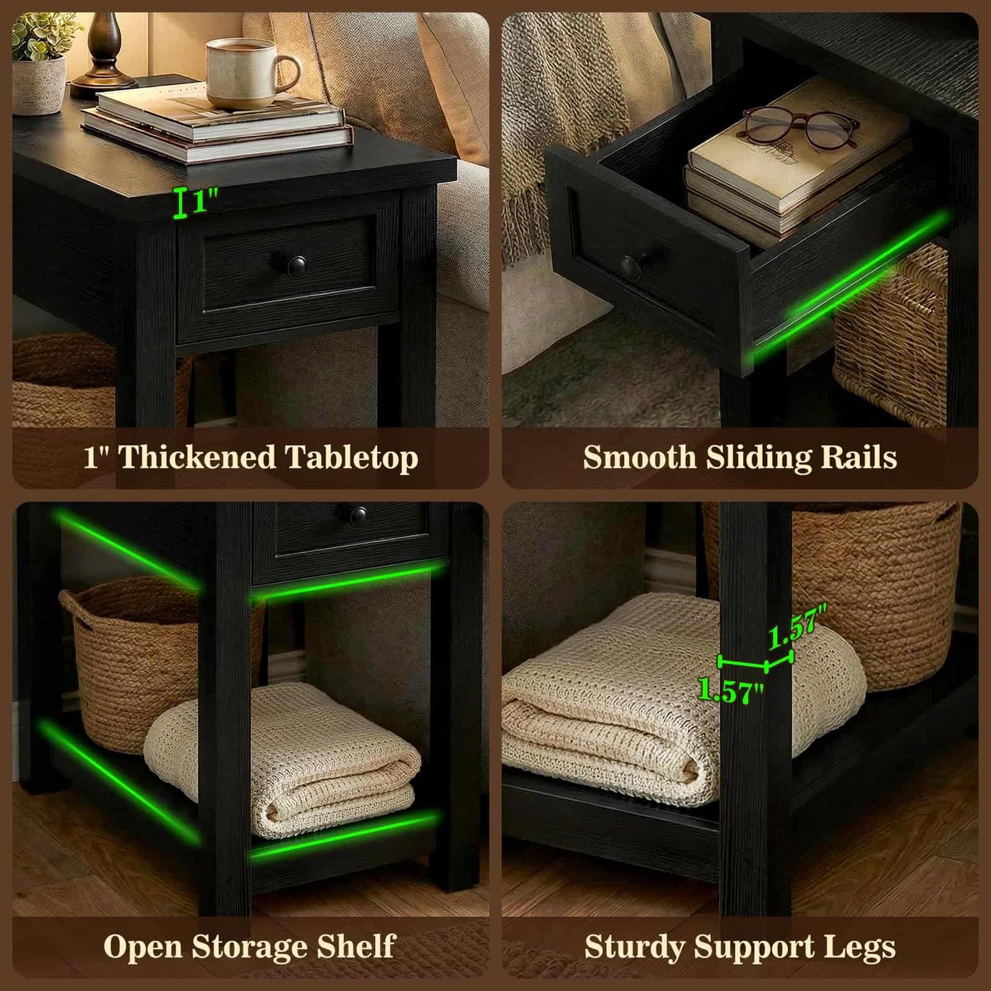 Farmhouse Narrow End Table with Built-in Charging Station – USB Ports & AC Outlets, Drawer & Open Shelf, Slim Side Table