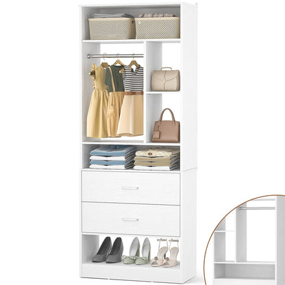Freestanding 24" Closet System with 2 Wood Drawers, 2FT Small Closet Organizer System with 6 Shelves & Hanging Rod