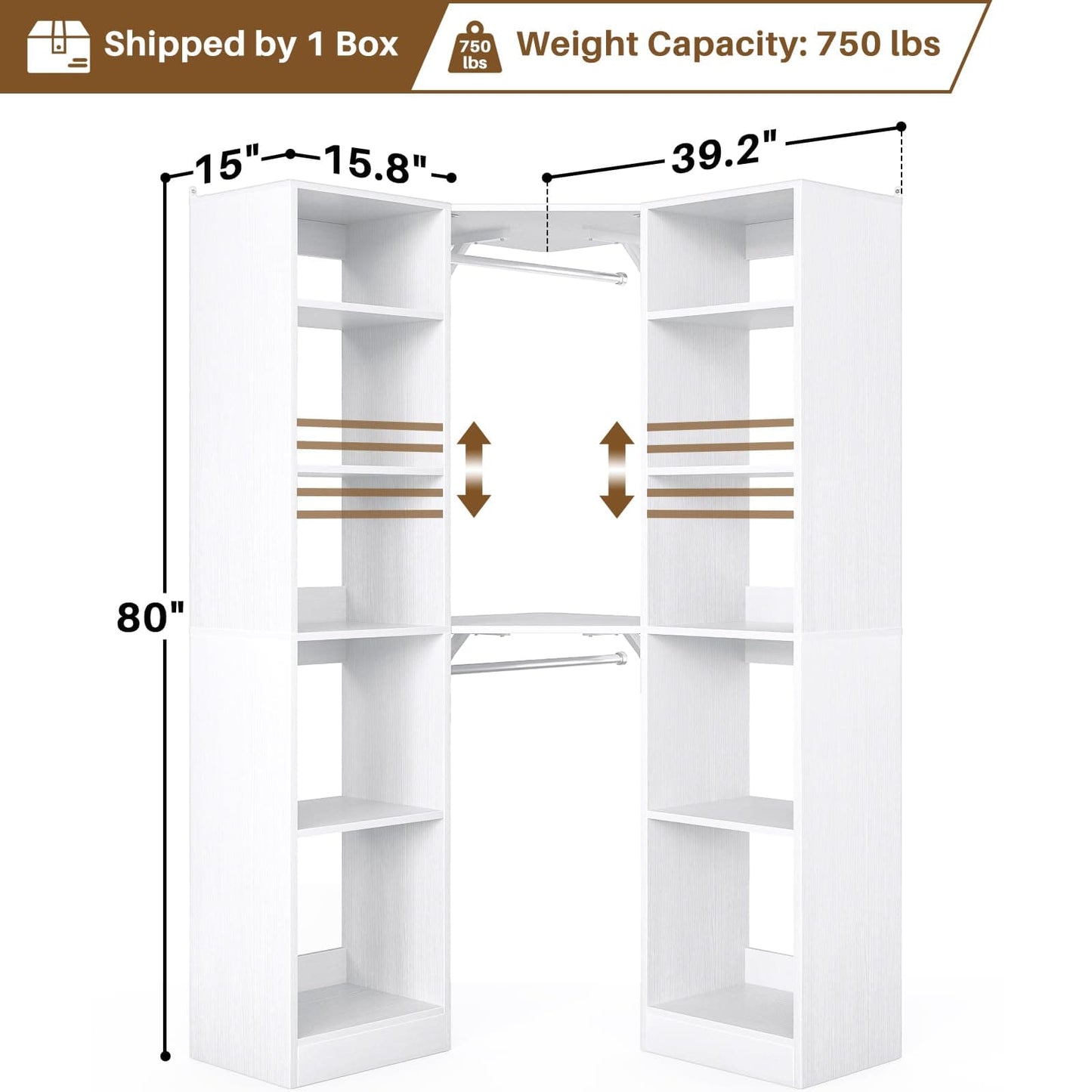 Corner Closet System with 12 Shelves, 40" Large Corner Closet Organizer System with 2 Hanging Rods