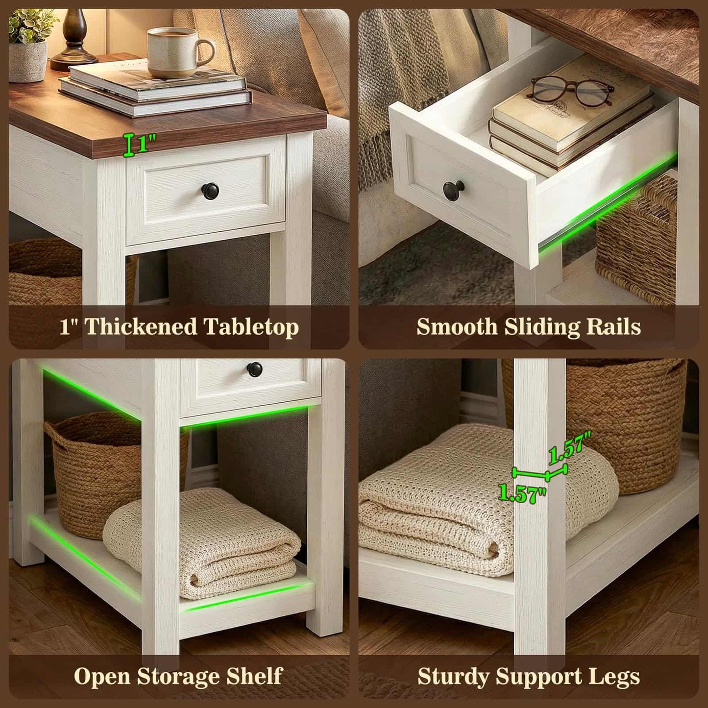 Farmhouse Narrow End Table with Built-in Charging Station – USB Ports & AC Outlets, Drawer & Open Shelf, Slim Side Table