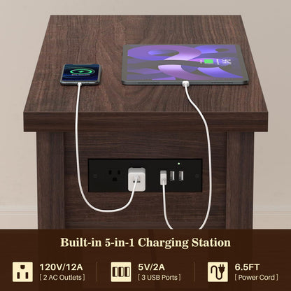 Farmhouse Narrow End Table with Built-in Charging Station – USB Ports & AC Outlets, Drawer & Open Shelf, Slim Side Table