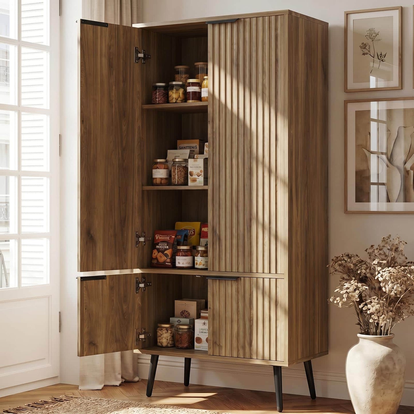 51.2" Freestanding Storage Cabinet with 4 Fluted Doors, Adjustable Shelves & Raised Legs - Wobble-Free Organizer for Bathroom, Kitchen, Living Room