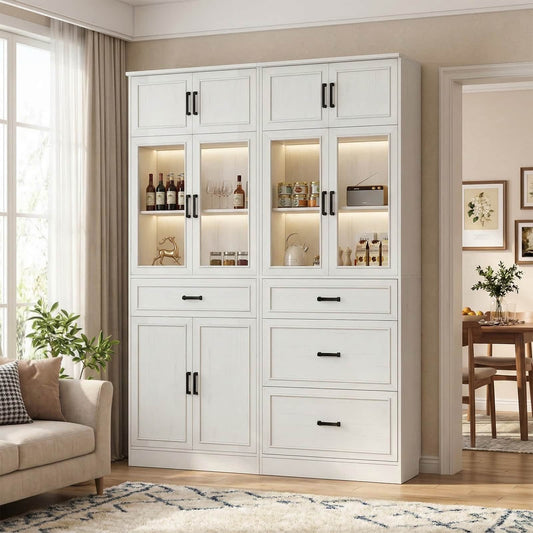 80" Tall Kitchen Pantry Cabinet Sets with Glass Doors, Adjustable Shelves & Drawers - Freestanding Storage Cupboard