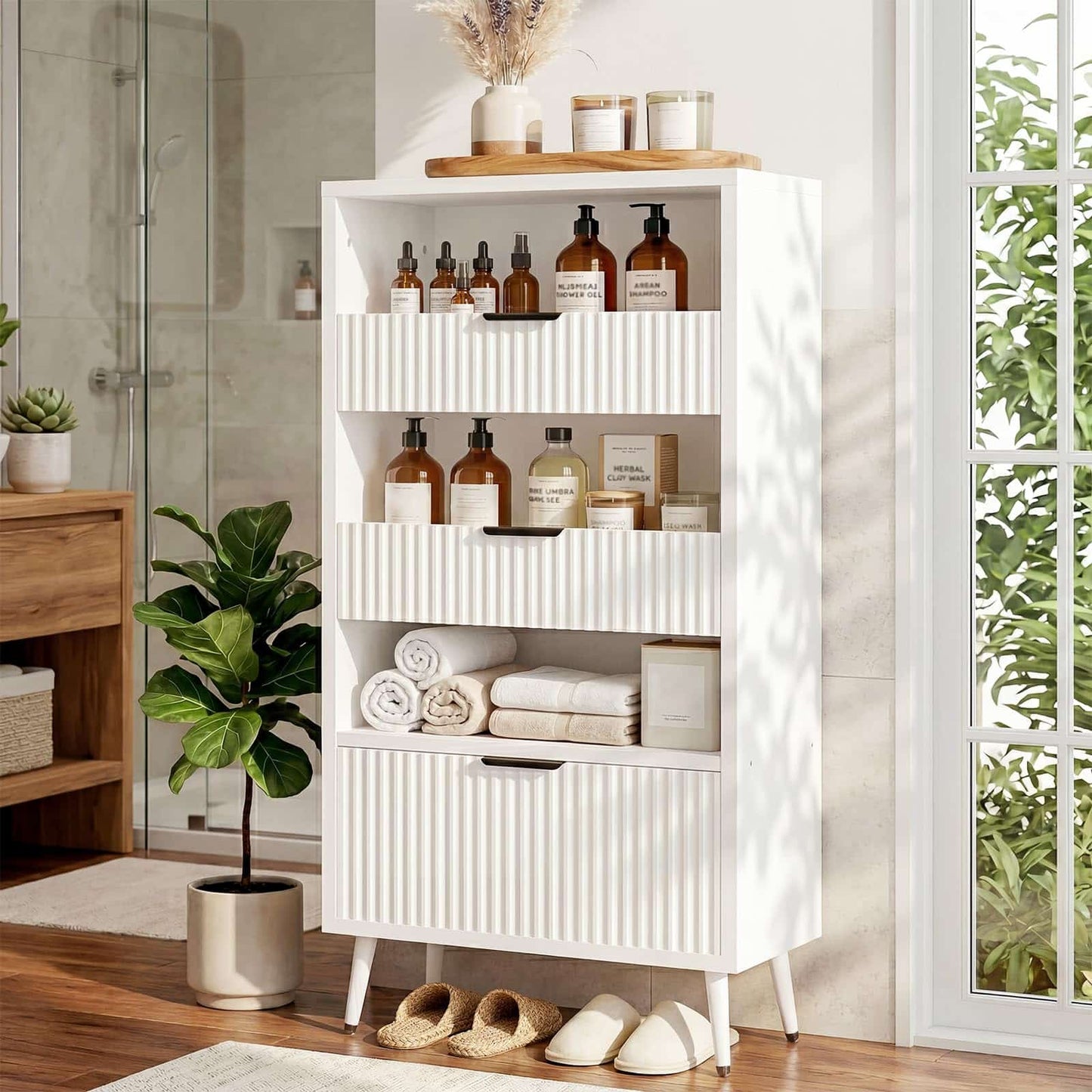 Modern Fluted Storage Cabinet, 51.2" Tall Freestanding Organizer with 3 Drawers & Open Shelf, Versatile Pantry Cabinet for Bathroom, Kitchen, Entryway - Narrow Design for Small Spaces