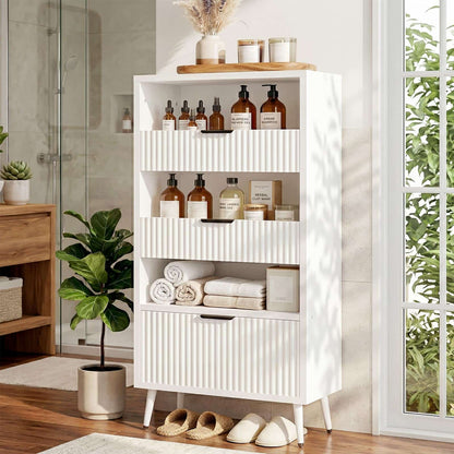 Modern Fluted Storage Cabinet, 51.2" Tall Freestanding Organizer with 3 Drawers & Open Shelf, Versatile Pantry Cabinet for Bathroom, Kitchen, Entryway - Narrow Design for Small Spaces