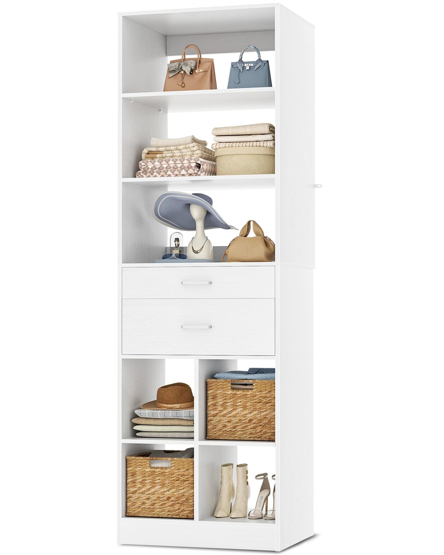 Tall Vertical Closet System, 18.9" Width Freestanding Wardrobe Storage Unit with Adjustable Shelves & Smooth-Glide Drawers