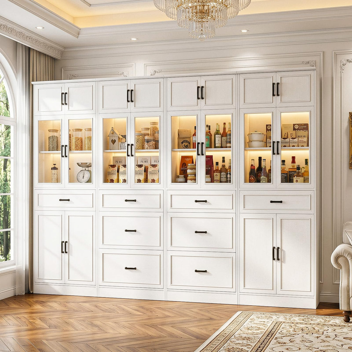 80" Tall Modular Bookshelf and Storage Cabinet Set with Glass Doors and Drawers