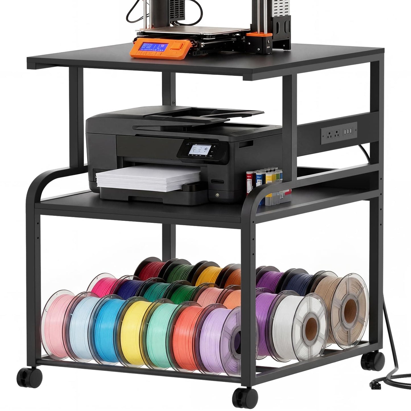 Heavy-Duty 3D Printer Rolling Cart with Power Outlet & Filament Storage, 3-Tier Adjustable Printer Stand for Home Office