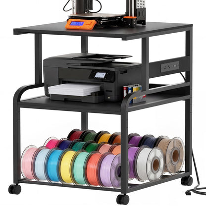Heavy-Duty 3D Printer Rolling Cart with Power Outlet & Filament Storage, 3-Tier Adjustable Printer Stand for Home Office