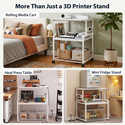 Heavy-Duty 3D Printer Rolling Cart with Power Outlet & Filament Storage, 3-Tier Adjustable Printer Stand for Home Office