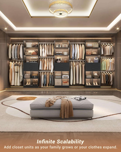 Adjustable Small Closet System, 3.2-6.8FT Expandable Closet Organizer with 2 Wooden Drawers & 5 Heavy-Duty Hanging Rods