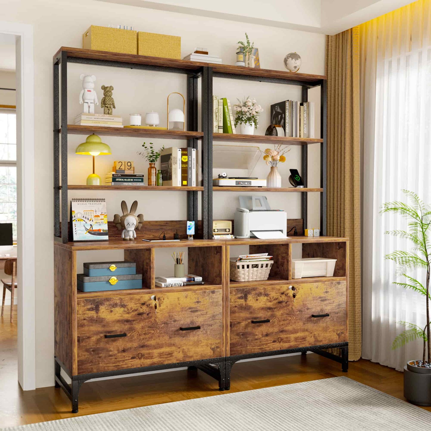 2-Pack Vertical File Cabinet with Shelves, Charging Station, Lock, Large Drawer & Printer Stand