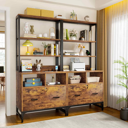 2-Pack Vertical File Cabinet with Shelves, Charging Station, Lock, Large Drawer & Printer Stand