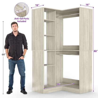 36" Corner Closet System - 2 Rods, Hutches, and 5 Shelves for Versatile Storage, Sturdy and Durable Design Armoire Closet Organizer