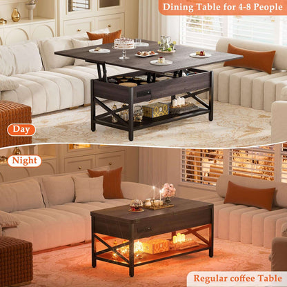 Coffee Table Lift Top with LED Light and Power Outlet, Multi-Function Coffee Table Converts to Dining Table