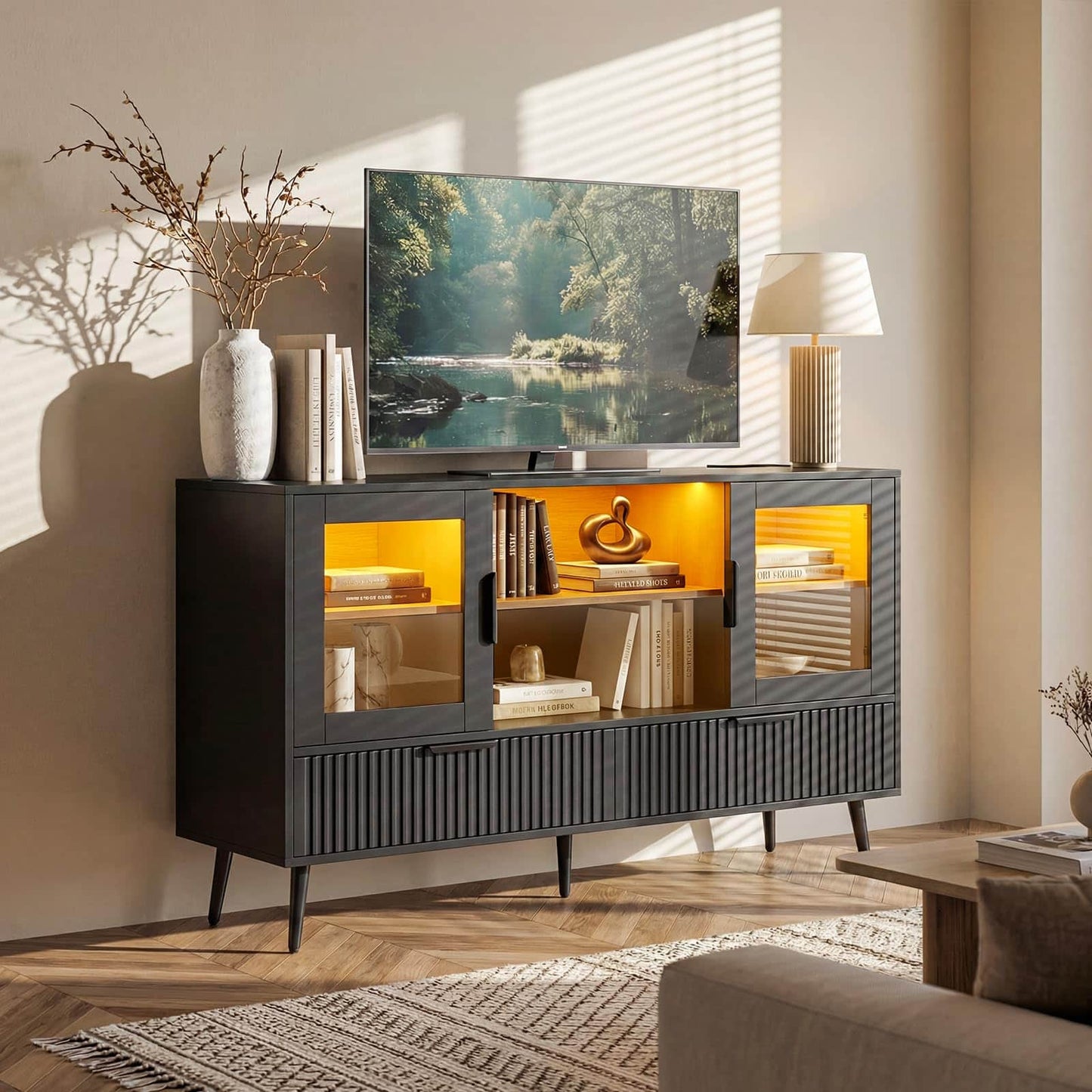 RGB LED TV Stand with Power Outlet, 45" Entertainment Center with 8 Storage Drawers & Cabinets, Vanity Storage Cabinet ,Media Console Fits 30"-55" TVs for Living Room Bedroom