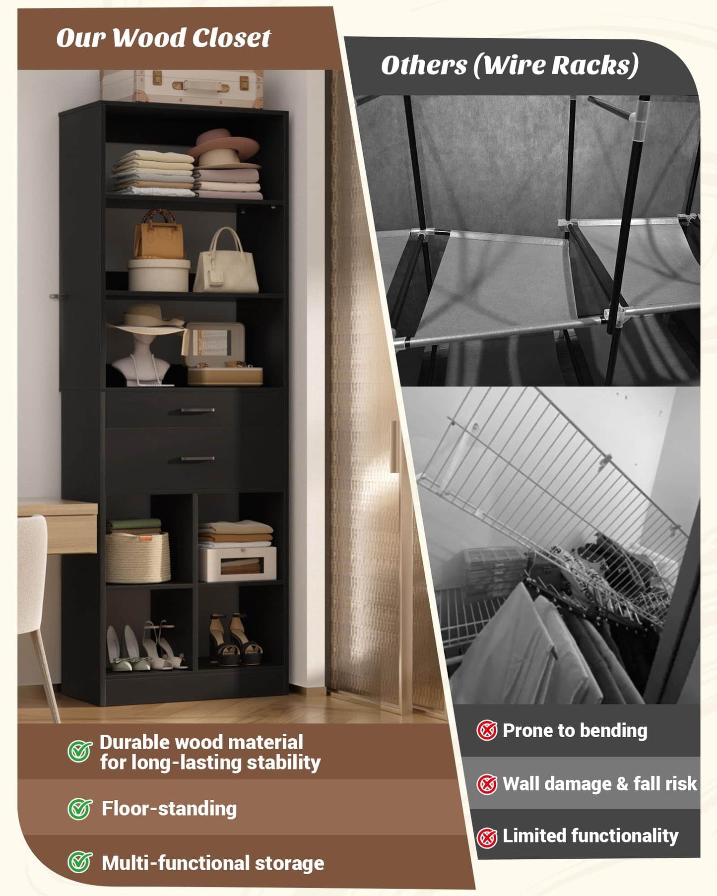 22" Floor-Standing Closet System, Multi-Tiered Wardrobe Storage Unit with Adjustable Shelves & Smooth-Glide Drawers