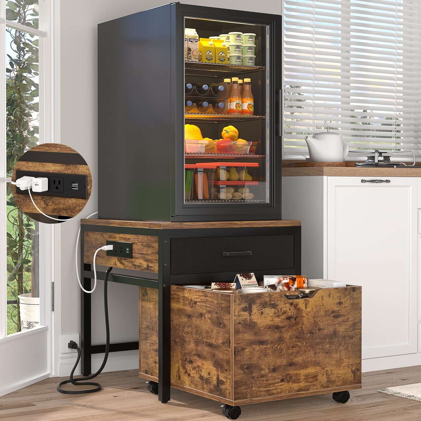 Mini Fridge Stand with Drawer Storage & Sockets, Heavy Duty Mini Refrigerator table with Rolling Cabinet