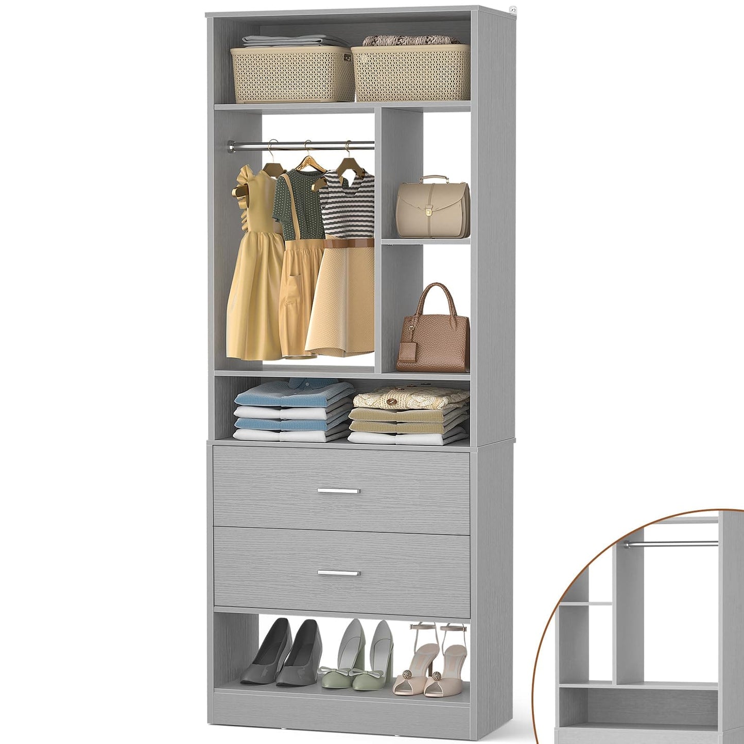 Freestanding 24" Closet System with 2 Wood Drawers, 2FT Small Closet Organizer System with 6 Shelves & Hanging Rod
