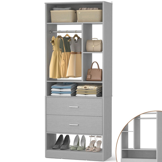 Freestanding 24" Closet System with 2 Wood Drawers, 2FT Small Closet Organizer System with 6 Shelves & Hanging Rod