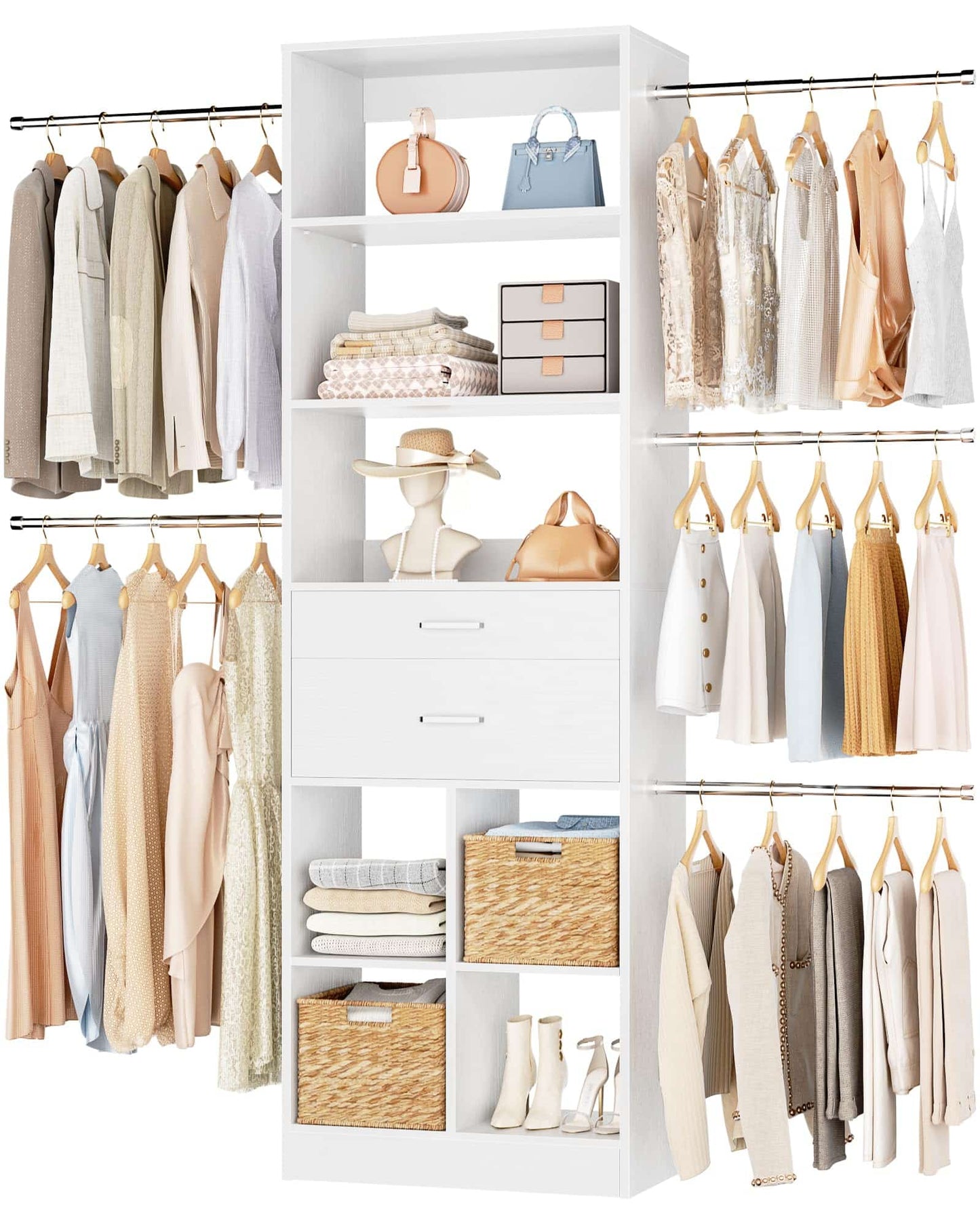 Adjustable Small Closet System, 3.2-6.8FT Expandable Closet Organizer with 2 Wooden Drawers & 5 Heavy-Duty Hanging Rods