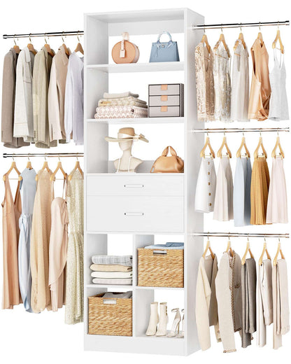 Adjustable Small Closet System, 3.2-6.8FT Expandable Closet Organizer with 2 Wooden Drawers & 5 Heavy-Duty Hanging Rods