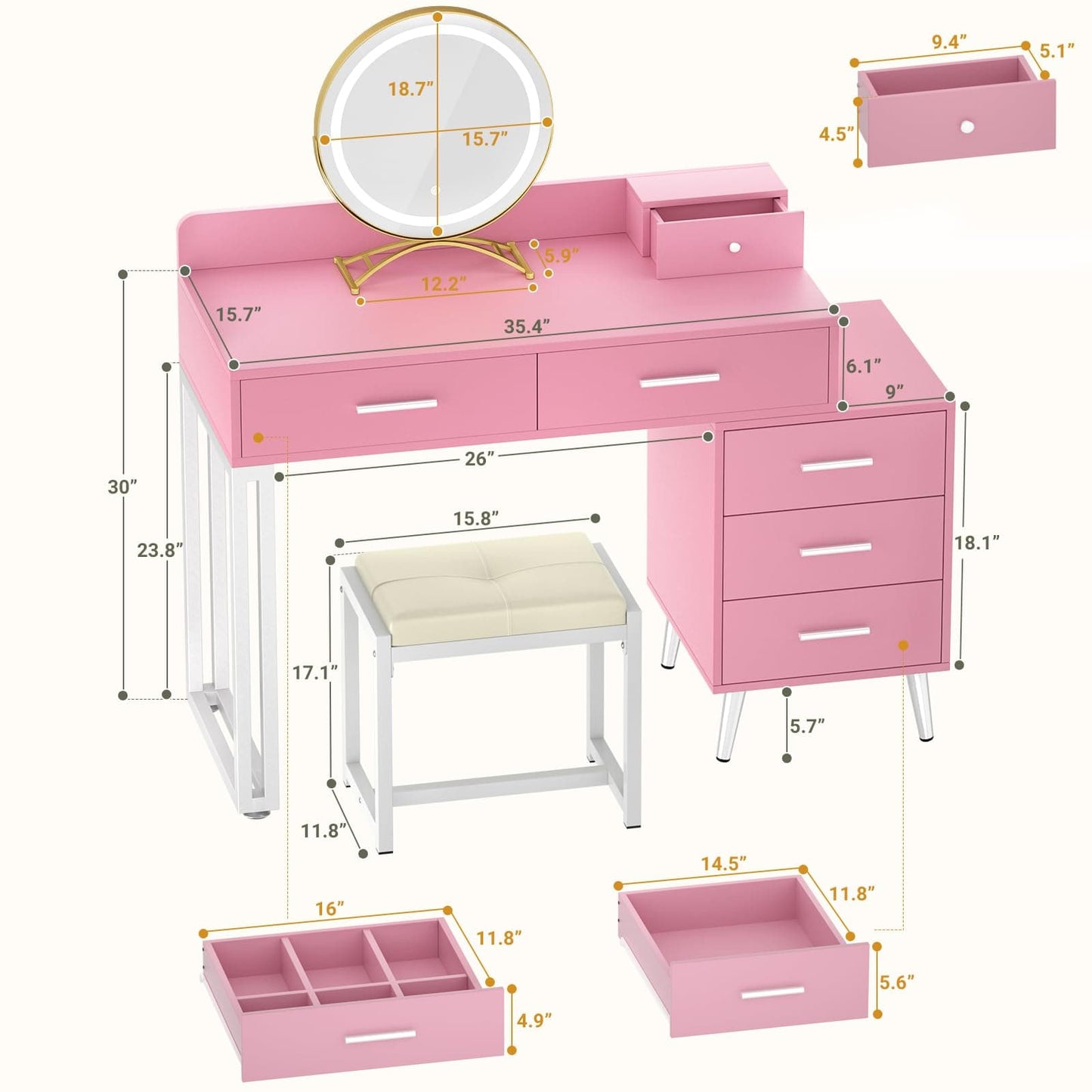 Vanity Desk with Mirror and Lights, Modern Makeup Vanity Table Set with 6 Storage Drawers and Cushioned Stool