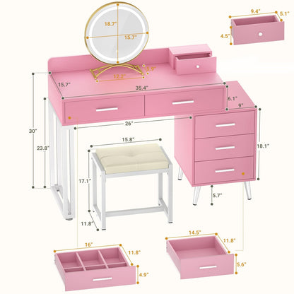 Vanity Desk with Mirror and Lights, Modern Makeup Vanity Table Set with 6 Storage Drawers and Cushioned Stool