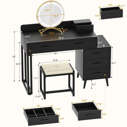 Vanity Desk with Mirror and Lights, Modern Makeup Vanity Table Set with 6 Storage Drawers and Cushioned Stool