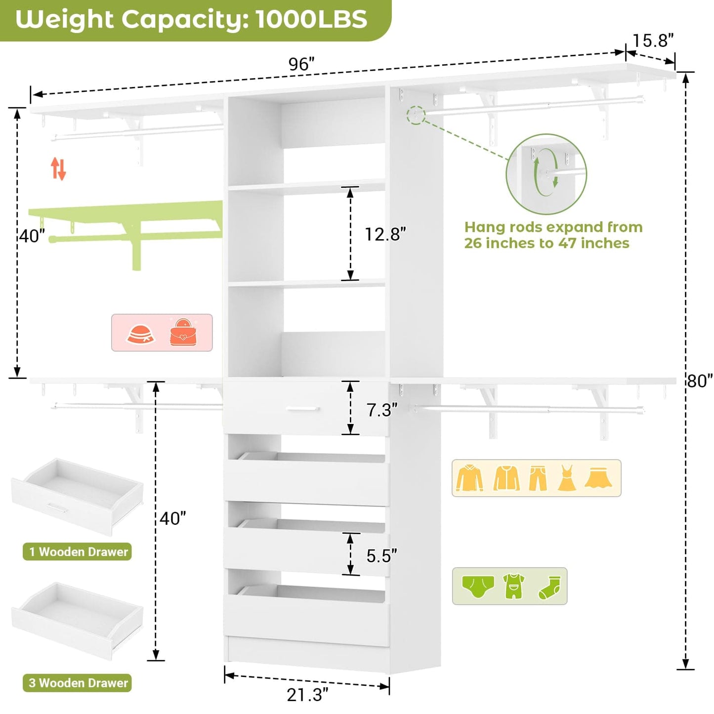 Closet System, 8FT Closet Organizer with 4 Wooden Drawers, Wood Closet Organizer System with Tower, Walk-in Closet Organizer Wardrobe