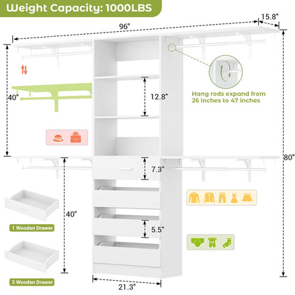 Closet System, 8FT Closet Organizer with 4 Wooden Drawers, Wood Closet Organizer System with Tower, Walk-in Closet Organizer Wardrobe