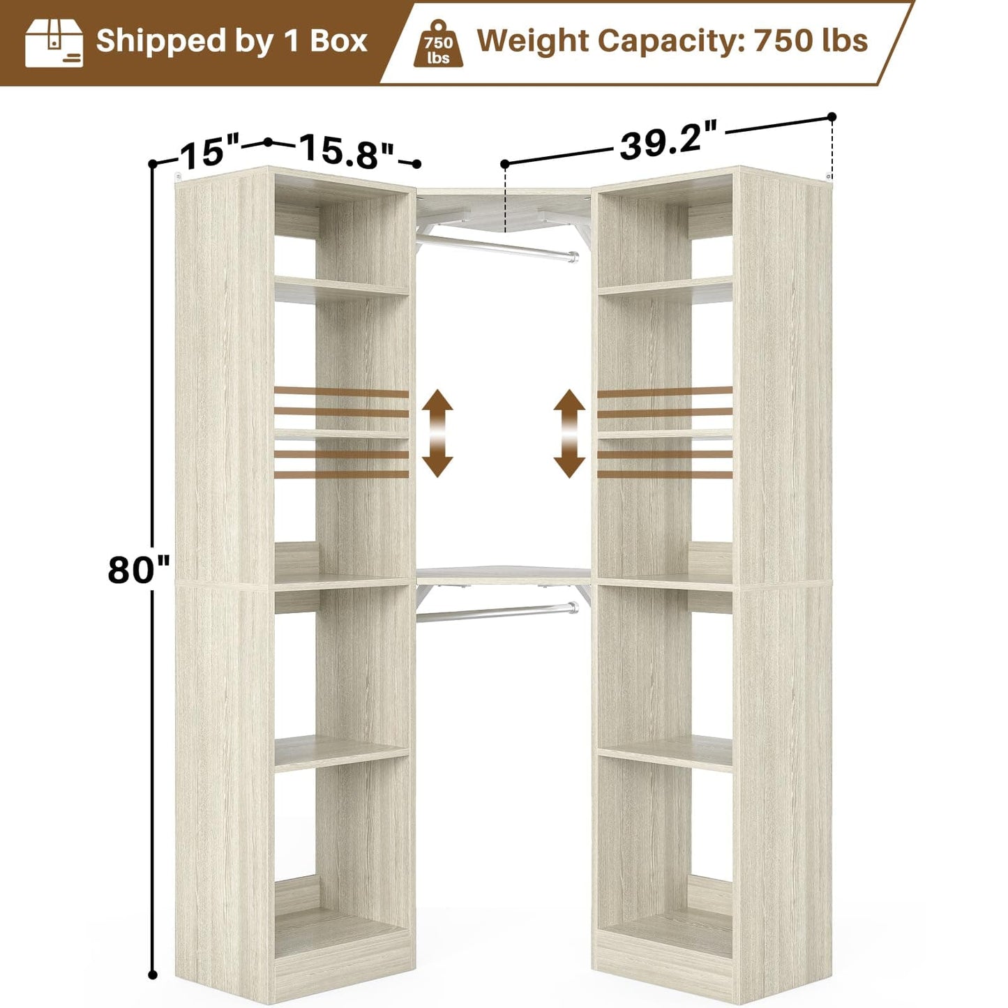 Corner Closet System with 12 Shelves, 40" Large Corner Closet Organizer System with 2 Hanging Rods