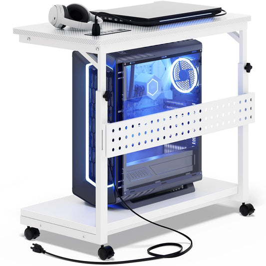 4 Levels Height Adjustable Computer Tower Stand with Power Strips - Mobile Under-Desk CPU Holder with Wheels, 24"