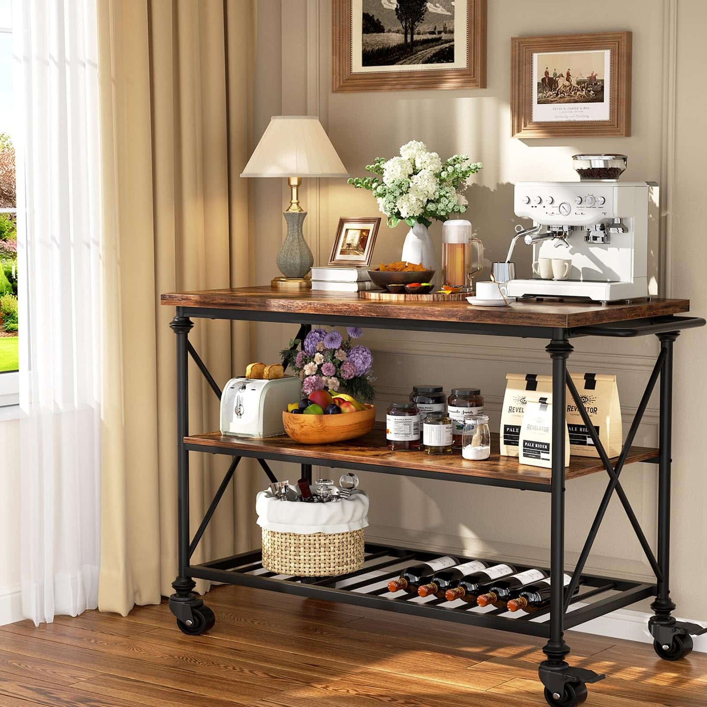 Industrial Mobile Kitchen Island Cart with Wheels: 3-Tier Storage, Lockable Casters for Kitchen, Dining & Small Spaces