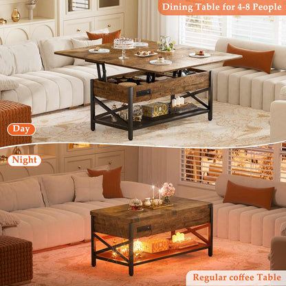 Coffee Table Lift Top with LED Light and Power Outlet, Multi-Function Coffee Table Converts to Dining Table