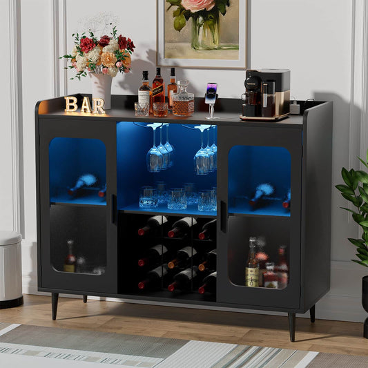 Assembled Wine Bar Cabinet with Power Outlet and LED Lights