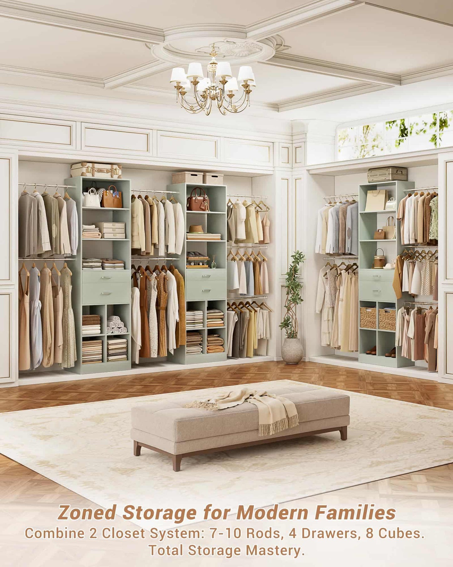 Adjustable Small Closet System, 3.2-6.8FT Expandable Closet Organizer with 2 Wooden Drawers & 5 Heavy-Duty Hanging Rods
