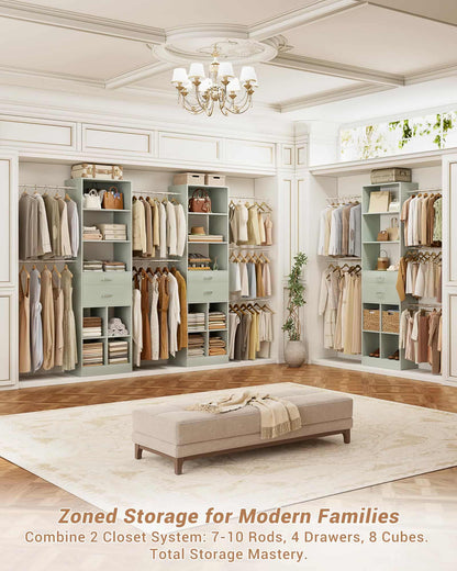 Adjustable Small Closet System, 3.2-6.8FT Expandable Closet Organizer with 2 Wooden Drawers & 5 Heavy-Duty Hanging Rods