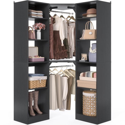 Corner Closet System with 12 Shelves, 40" Large Corner Closet Organizer System with 2 Hanging Rods