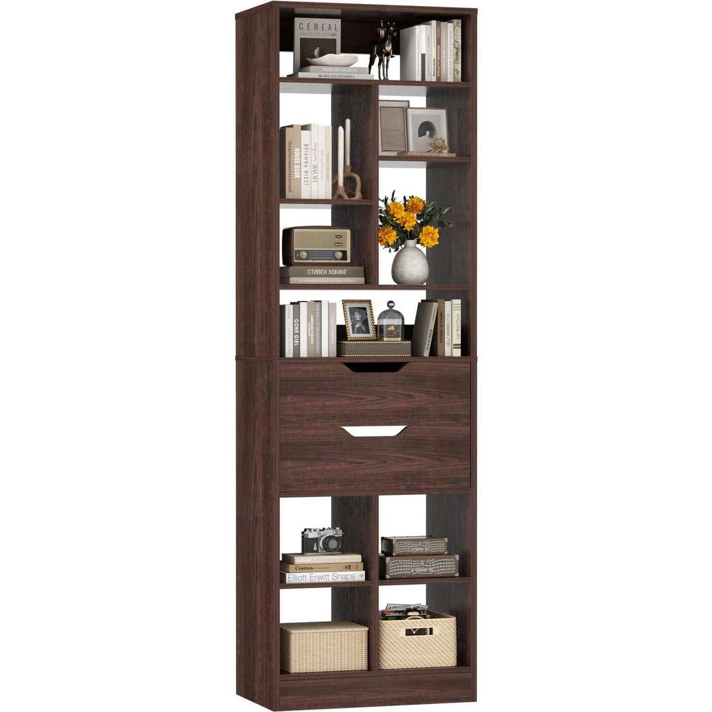 Tall Closet Organizer with 2 Drawers, 79.7" Narrow Freestanding Storage Cabinet, Space-Saving Wood Garment Organizer for Bedroom, Entryway