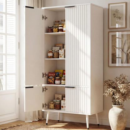 51.2" Freestanding Storage Cabinet with 4 Fluted Doors, Adjustable Shelves & Raised Legs - Wobble-Free Organizer for Bathroom, Kitchen, Living Room
