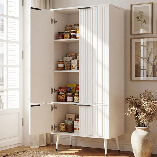 51.2" Freestanding Storage Cabinet with 4 Fluted Doors, Adjustable Shelves & Raised Legs - Wobble-Free Organizer for Bathroom, Kitchen, Living Room