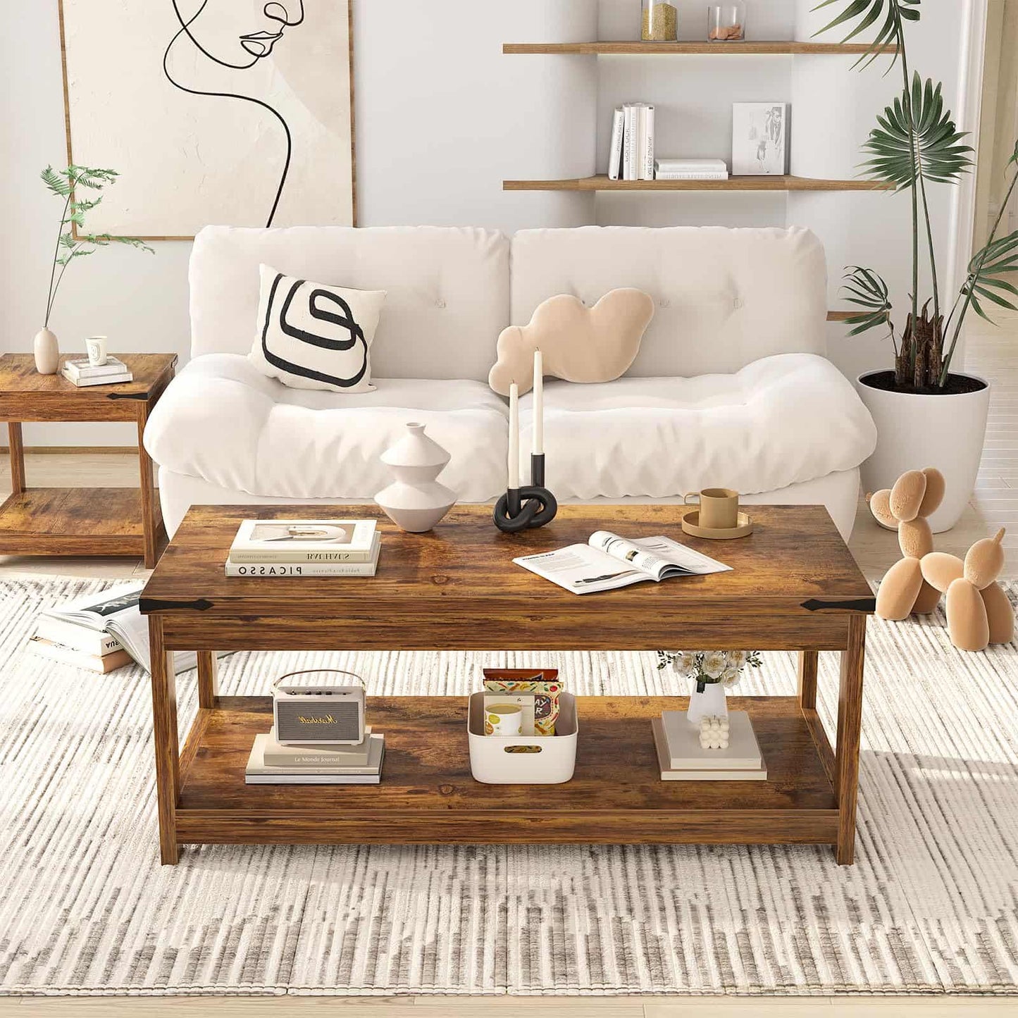 43.3” Farmhouse Wood Coffee Table with Storage Shelf, Modern Center Table for Living Room