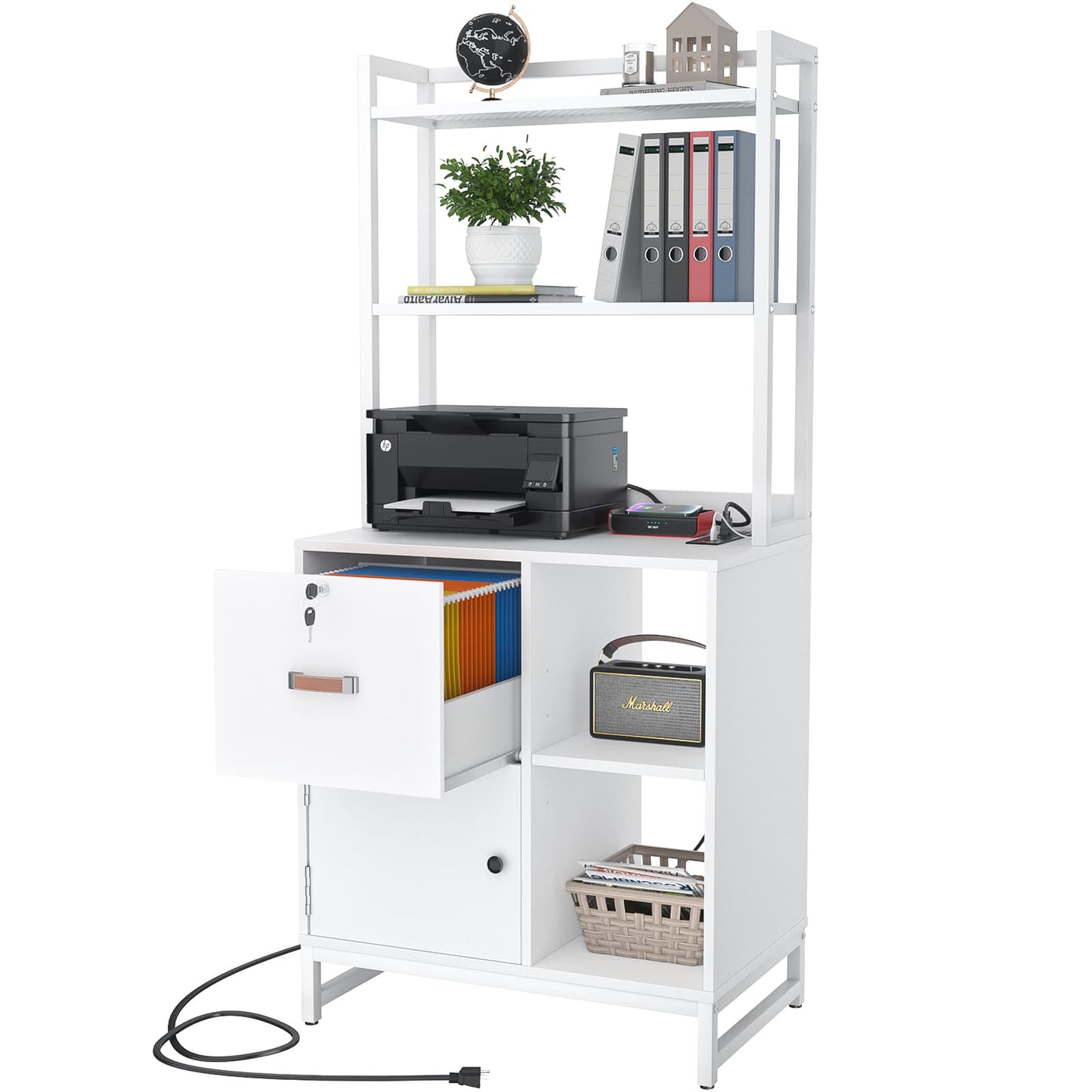 Vertical Filing Cabinet with Lock & Charging Station, Large Drawer Wood File Cabinet with Bookshelf, Printer Stand with Open Storage Shelf