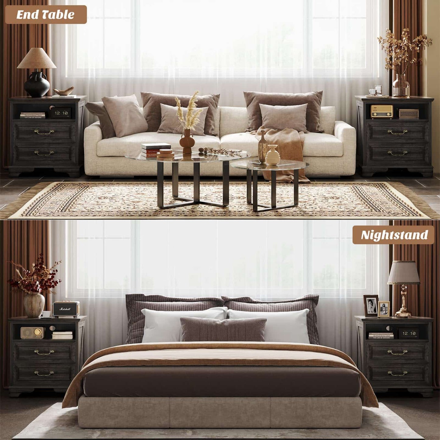 Nightstand with Charging Station -2 USB Ports, 3 AC Outlets, Farmhouse Rustic Wood End Table with 2 Drawers & Open Shelf