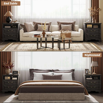 Nightstand with Charging Station -2 USB Ports, 3 AC Outlets, Farmhouse Rustic Wood End Table with 2 Drawers & Open Shelf