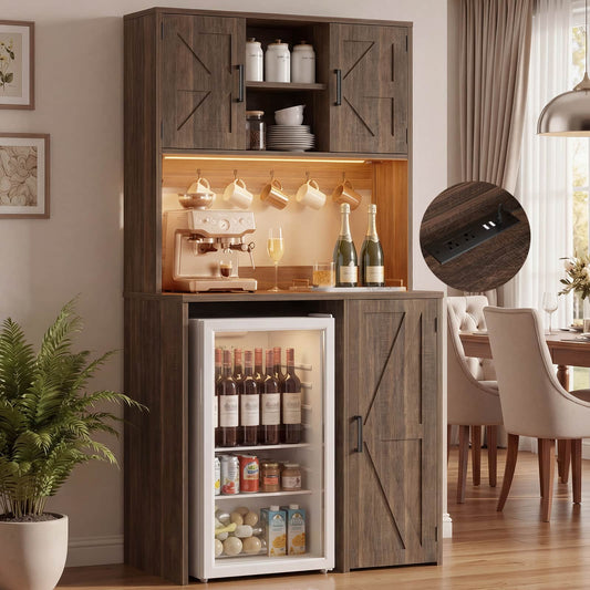 3-in-1 Mini Fridge Cabinet & Coffee Bar Station - with Power Outlet, LED Light, Microwave Shelf & Wine Storage